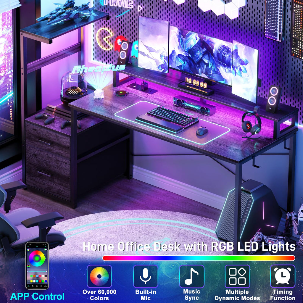 LED Gaming Desk with Power Outlet and Monitor Stand
