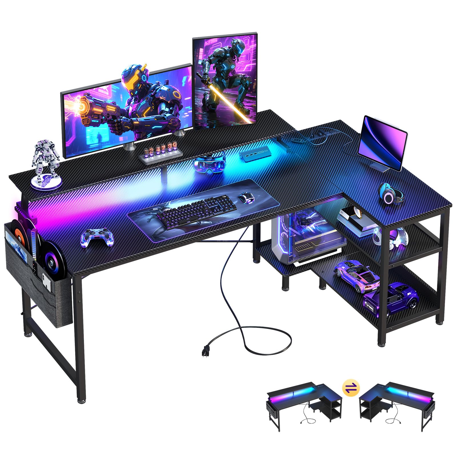 ODK Small L Shaped Desk-USB Port & LED Lights