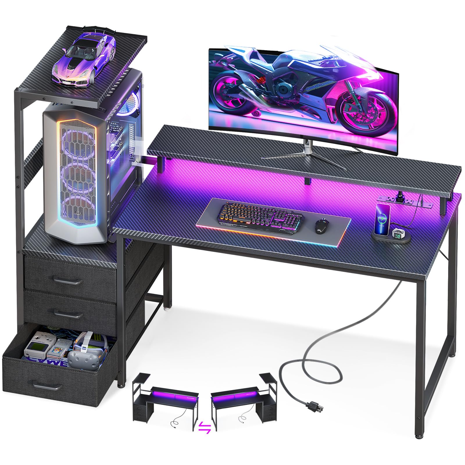 RGB Gaming Desk with USB Charging and Storage Shelves