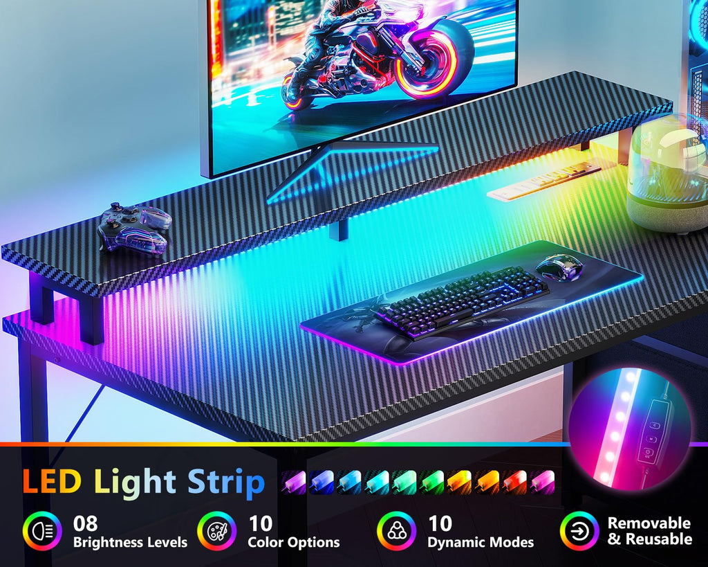Casaottima H Shaped Gaming Desk with 3 Drawers and LED Lights