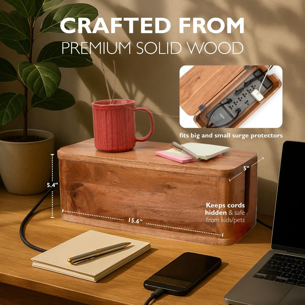 Wood Cable Management Box with Desk Wire Organizer