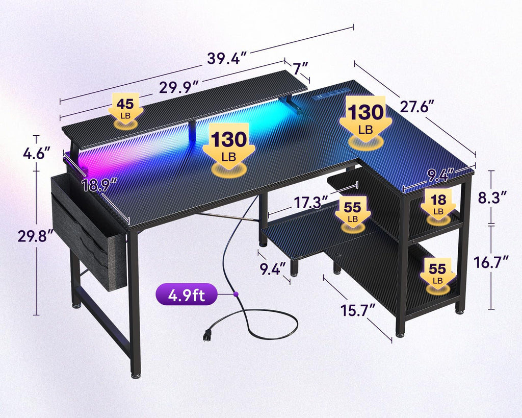 ODK Small L Shaped Desk-USB Port & LED Lights
