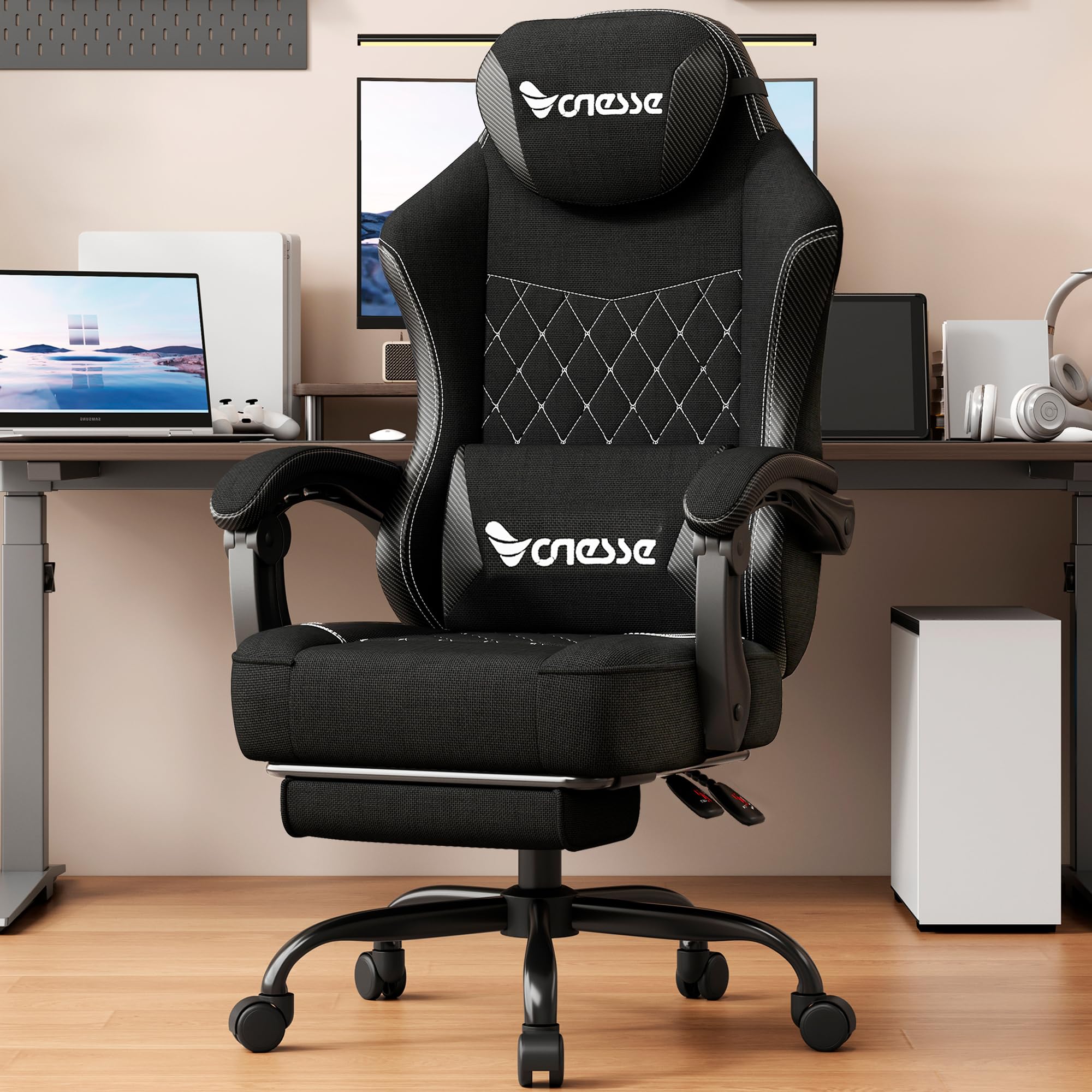Fabric Reclining Gaming Chair with Footrest and Lumbar Support