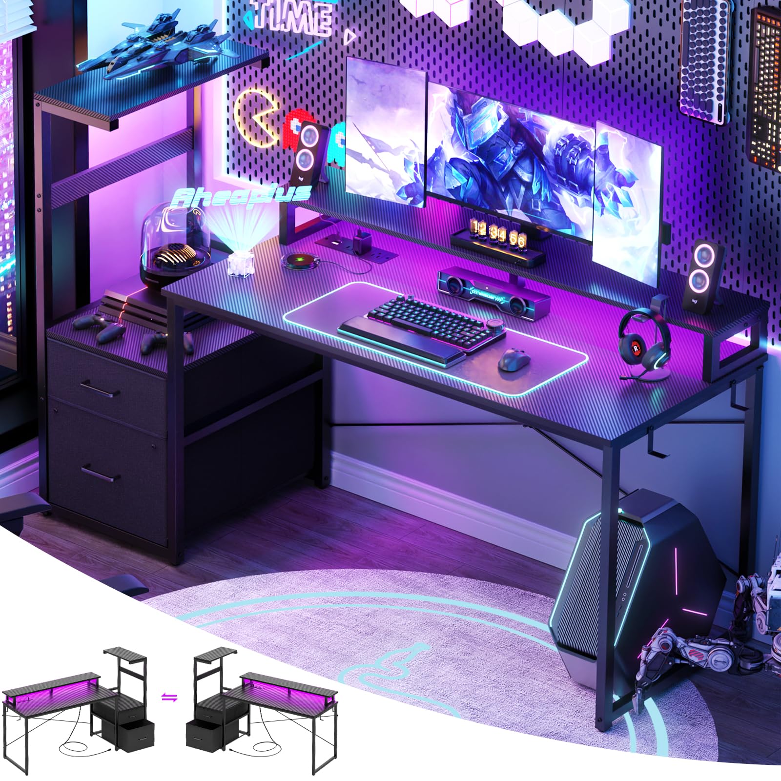 LED Gaming Desk with Power Outlet and Monitor Stand