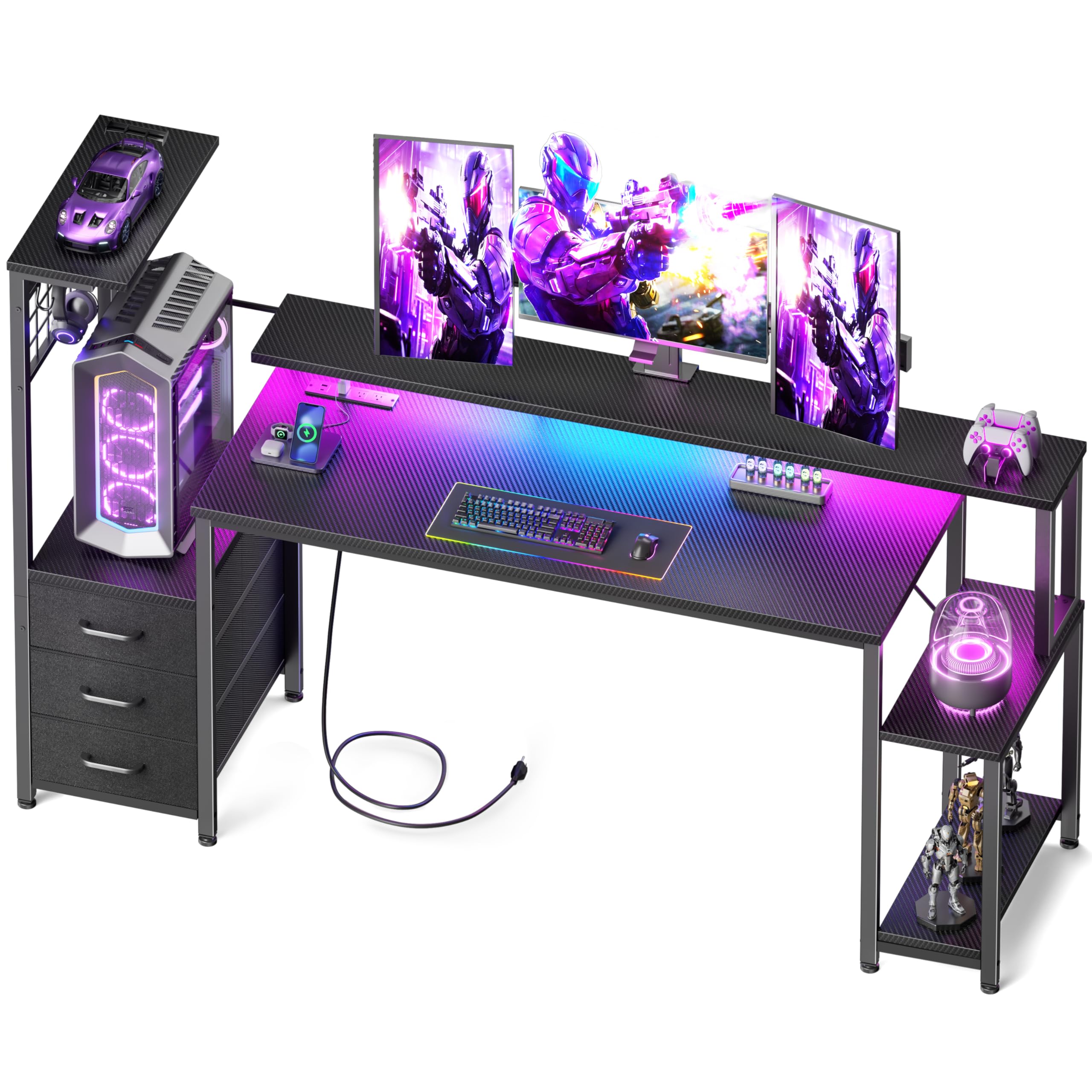 Korfile Gaming Desk with LED Lights & Power Outlet