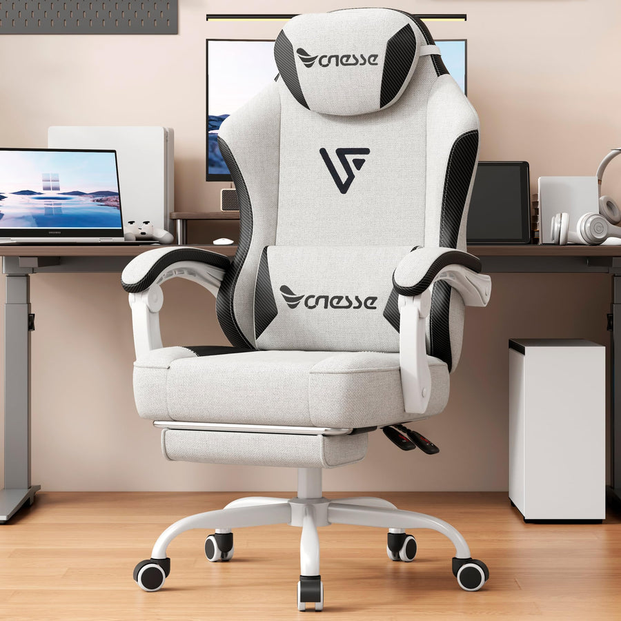 Fabric Reclining Gaming Chair with Footrest and Lumbar Support