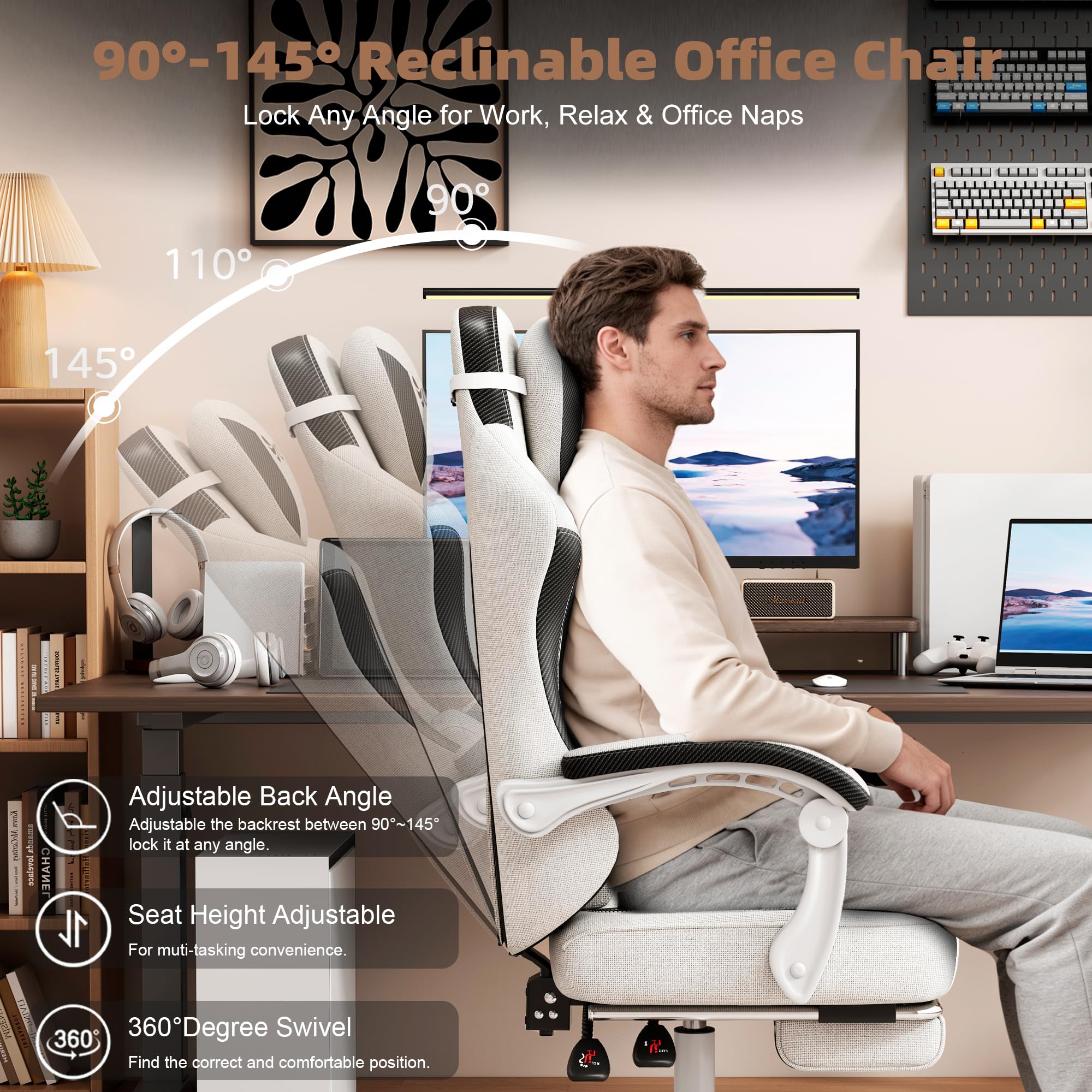 Fabric Reclining Gaming Chair with Footrest and Lumbar Support