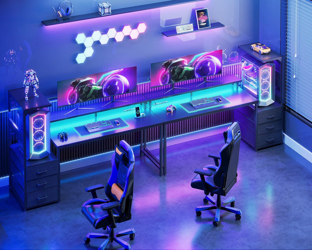Casaottima H Shaped Gaming Desk with 3 Drawers and LED Lights