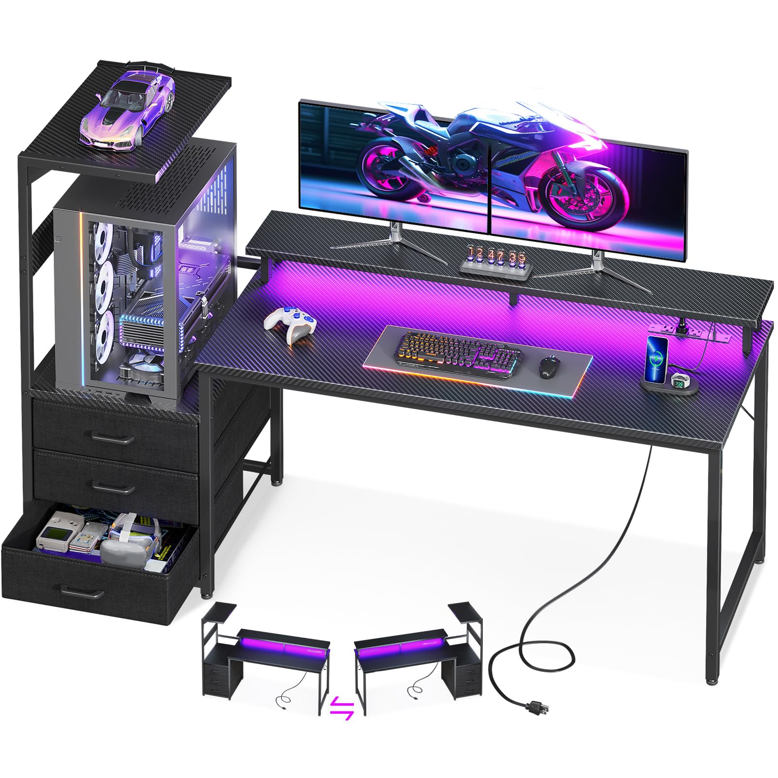 RGB Gaming Desk with USB Charging and Storage Shelves