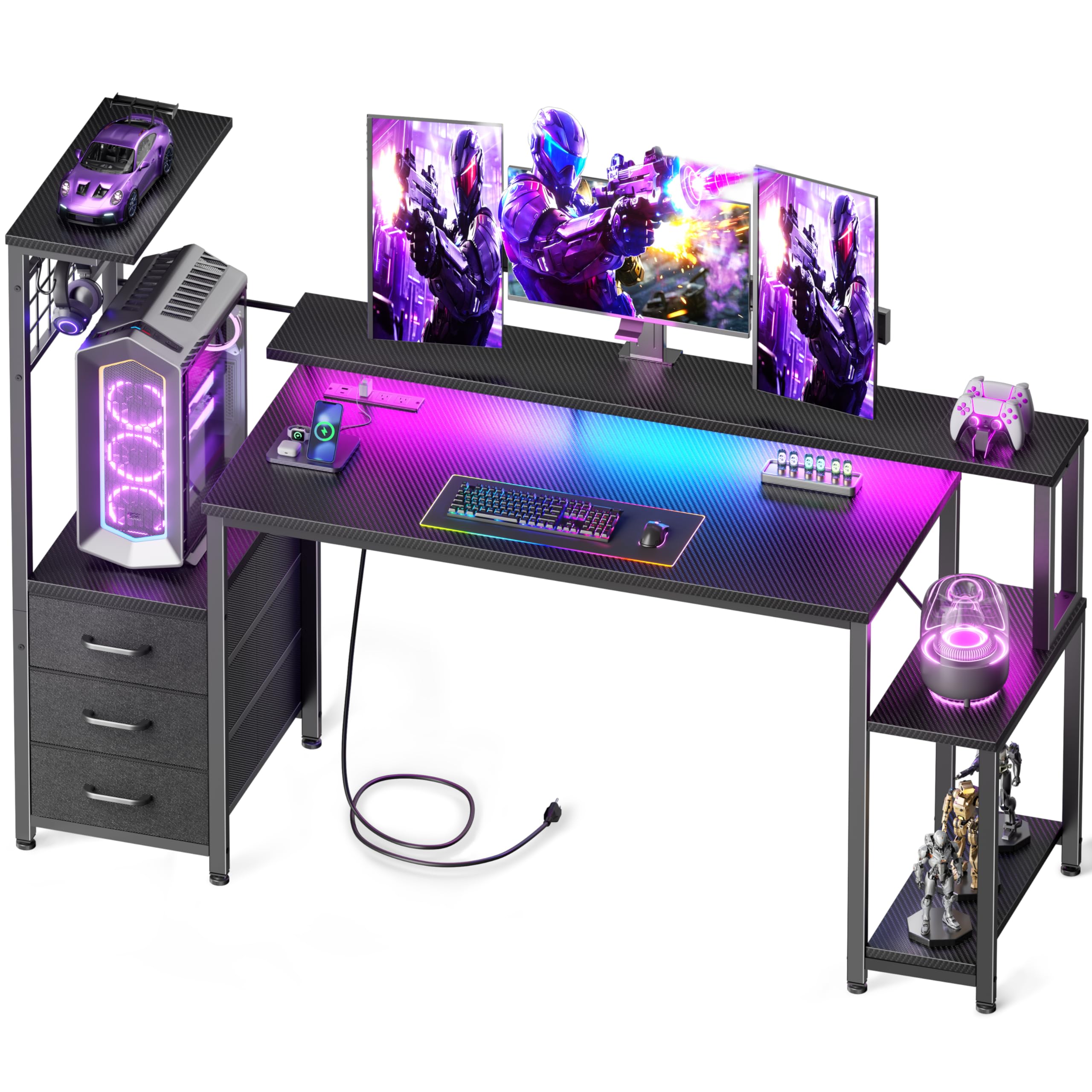 Korfile Gaming Desk with LED Lights & Power Outlet