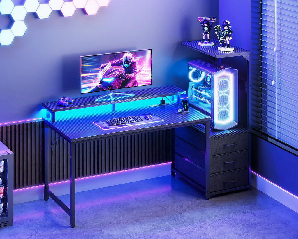 Casaottima H Shaped Gaming Desk with 3 Drawers and LED Lights
