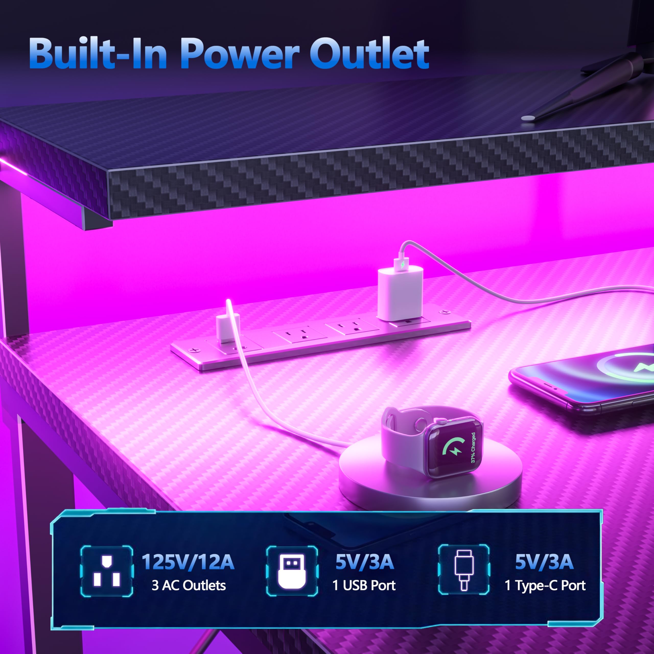 Korfile Gaming Desk with LED Lights & Power Outlet