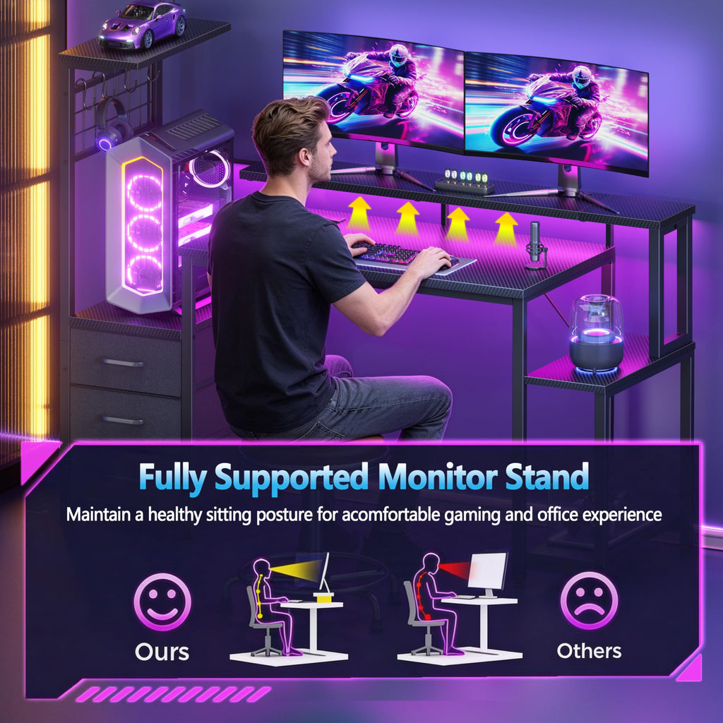 Korfile Gaming Desk with LED Lights & Power Outlet