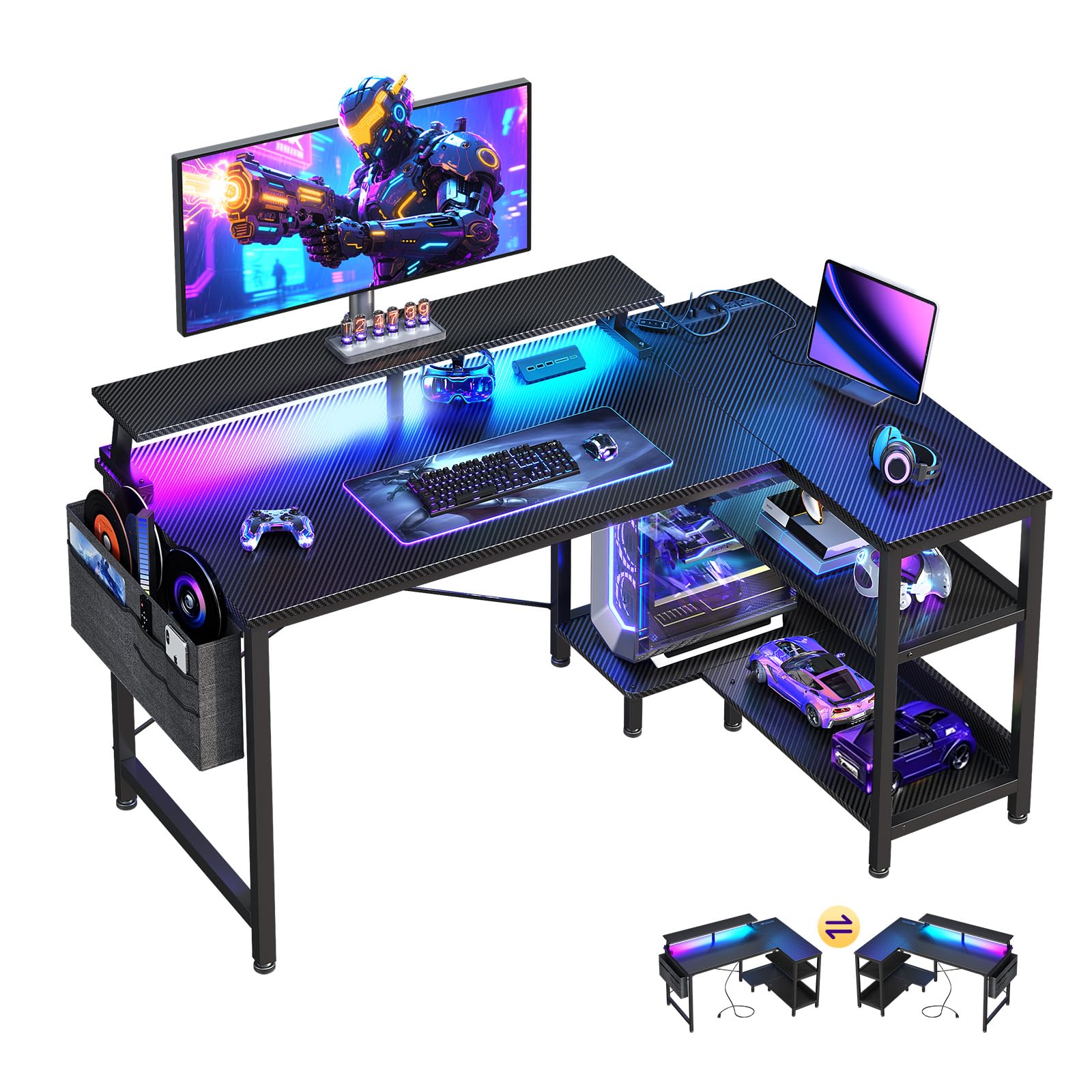 ODK Small L Shaped Desk-USB Port & LED Lights