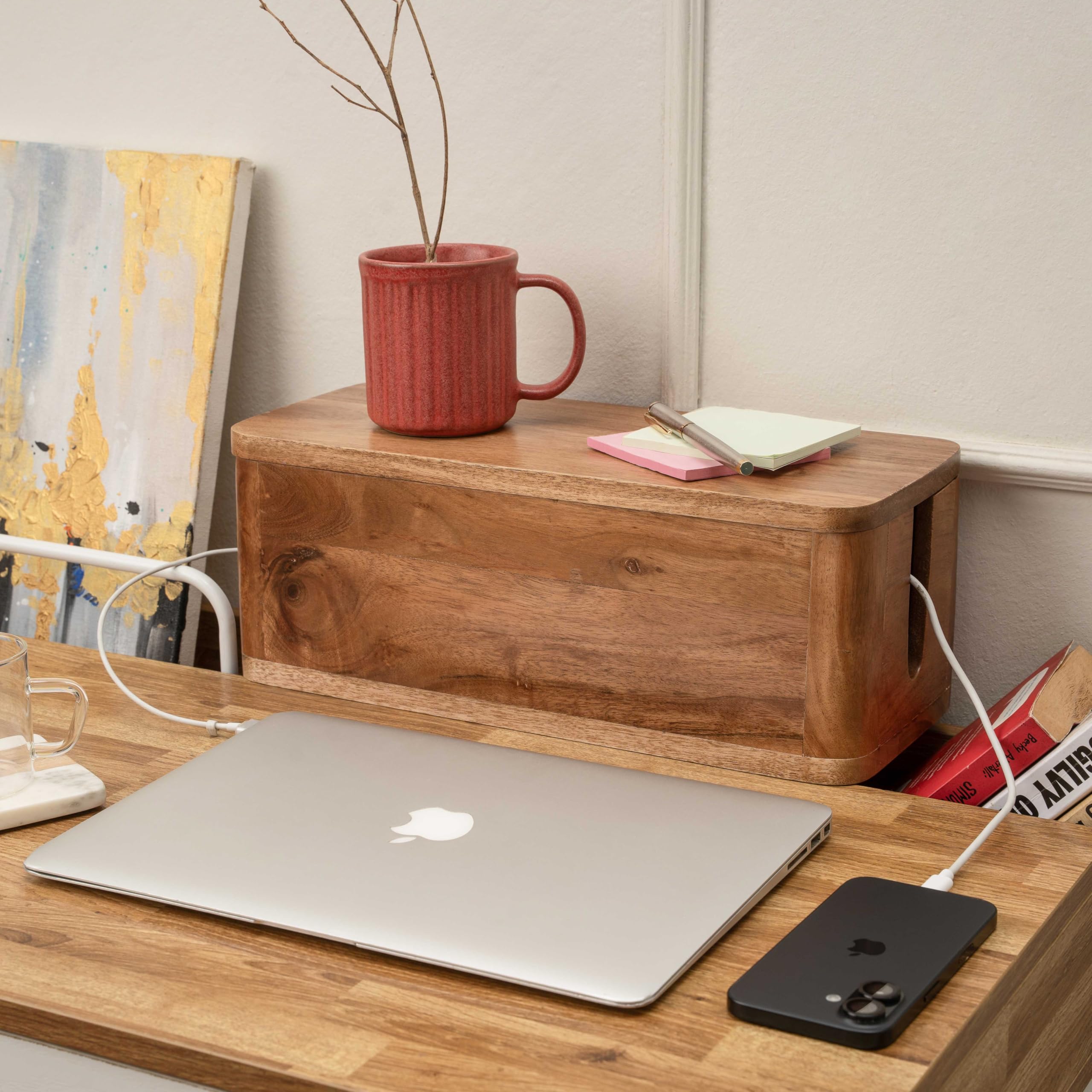 Wood Cable Management Box with Desk Wire Organizer