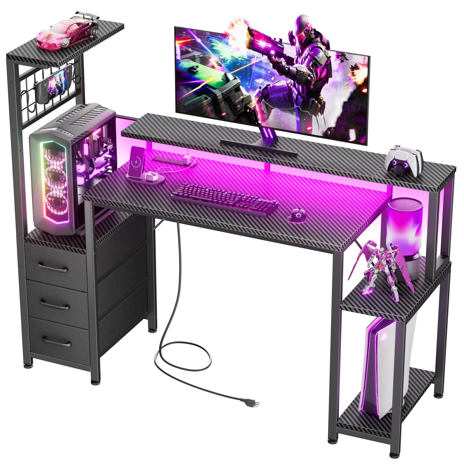 Korfile Gaming Desk with LED Lights & Power Outlet