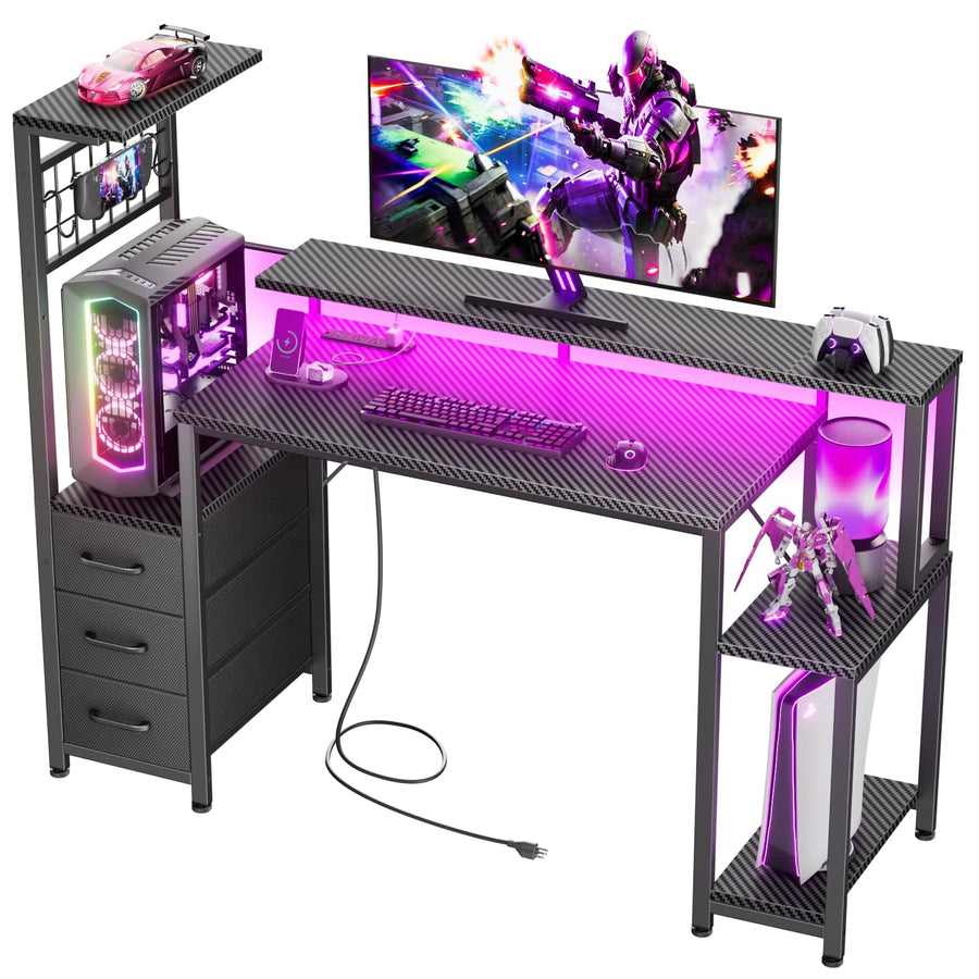 Korfile Gaming Desk with LED Lights & Power Outlet