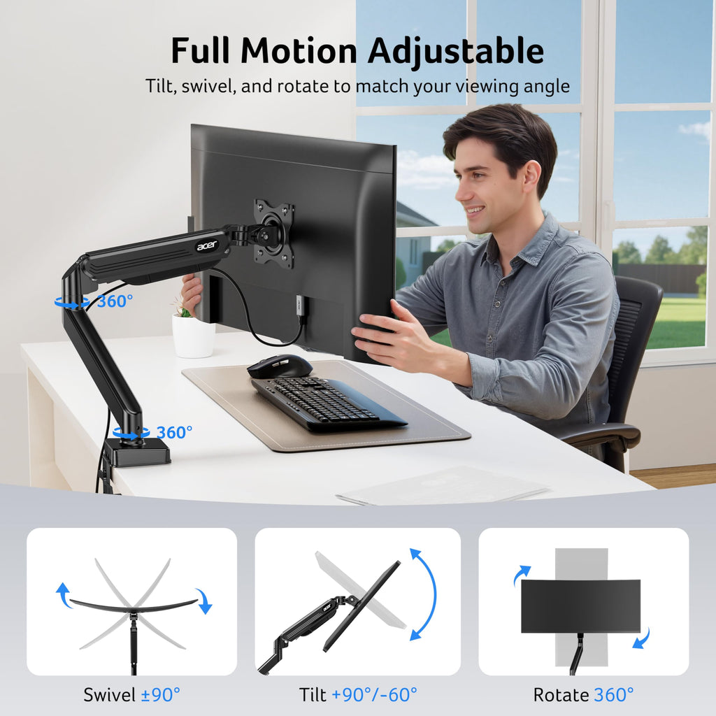Single Monitor Arm Mount with Gas Spring Height Adjustment