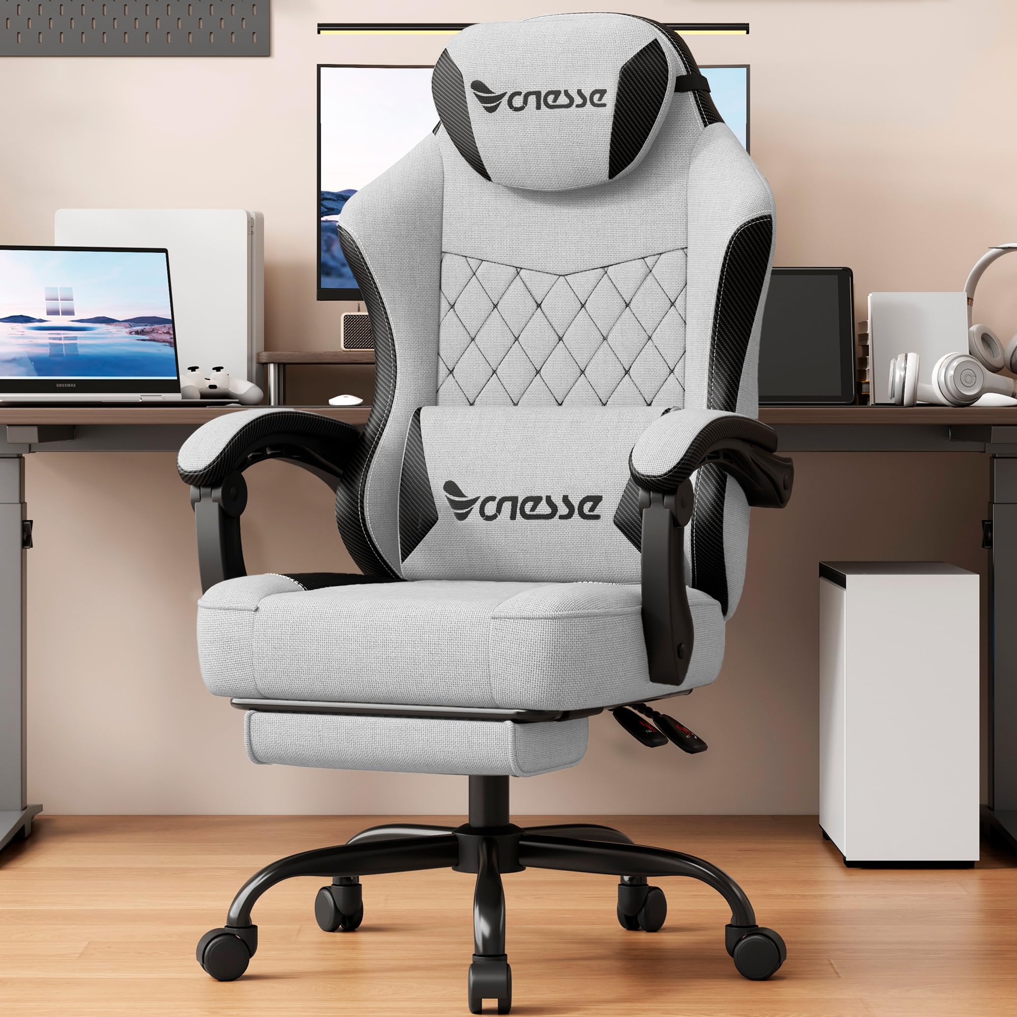 Fabric Reclining Gaming Chair with Footrest and Lumbar Support