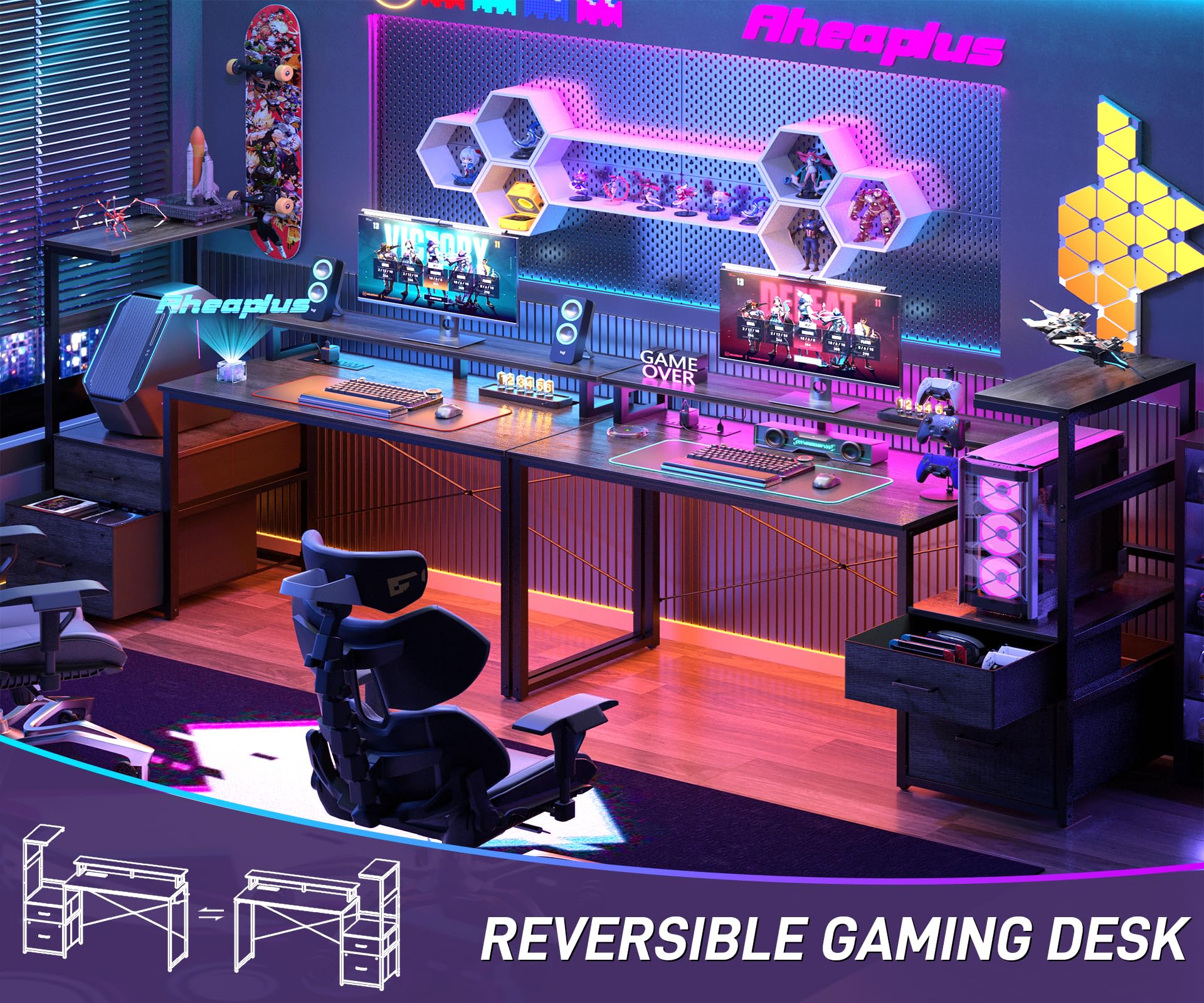 LED Gaming Desk with Power Outlet and Monitor Stand