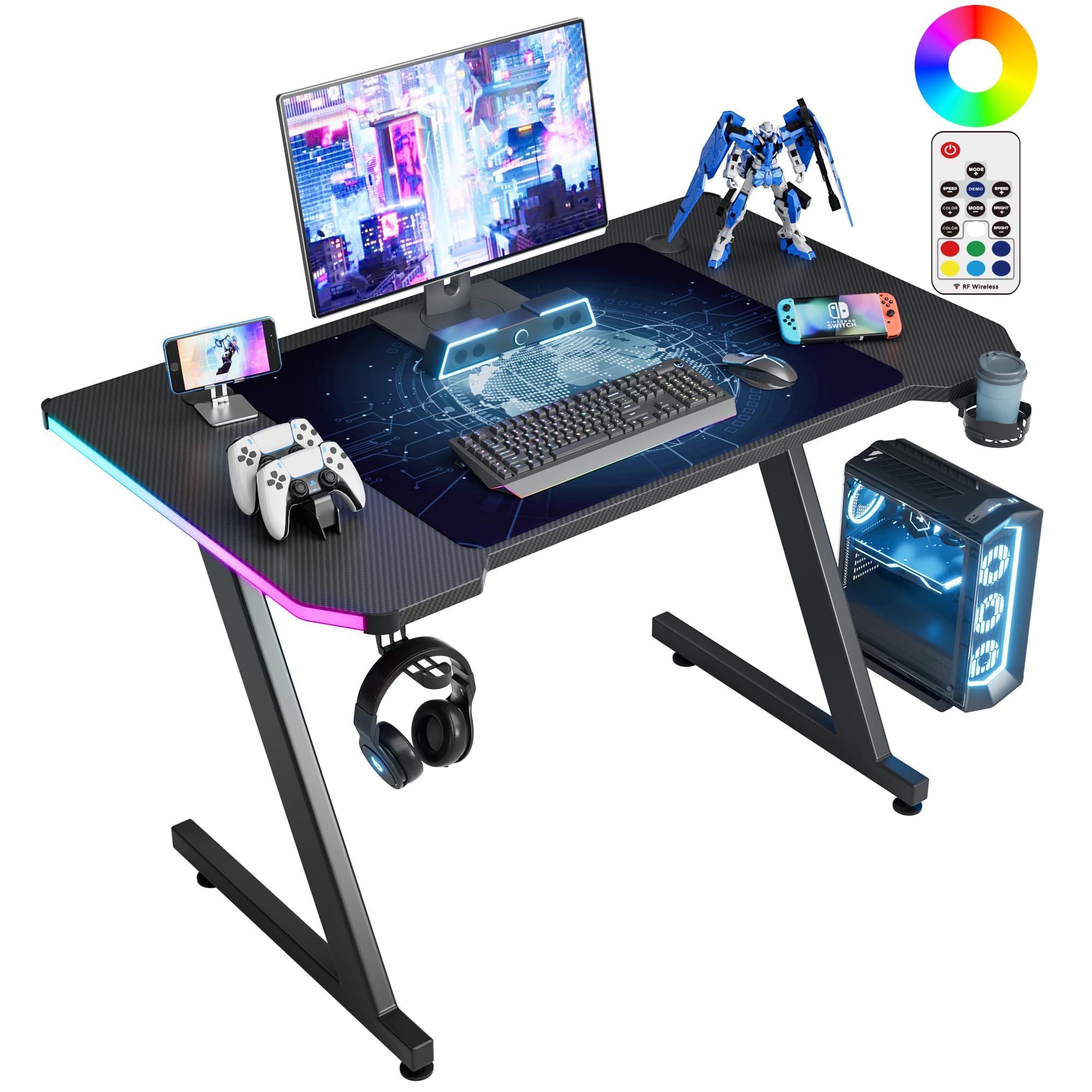 Carbon Fiber Gaming Desk with Cup Holder and Headphone Hook