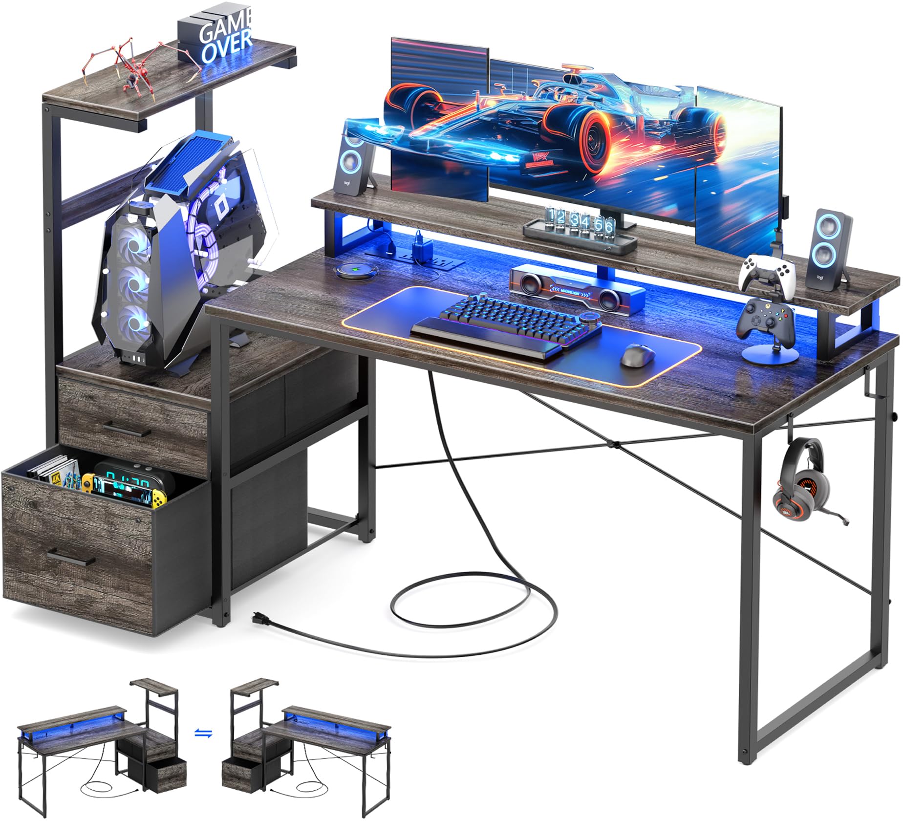 LED Gaming Desk with Power Outlet and Monitor Stand