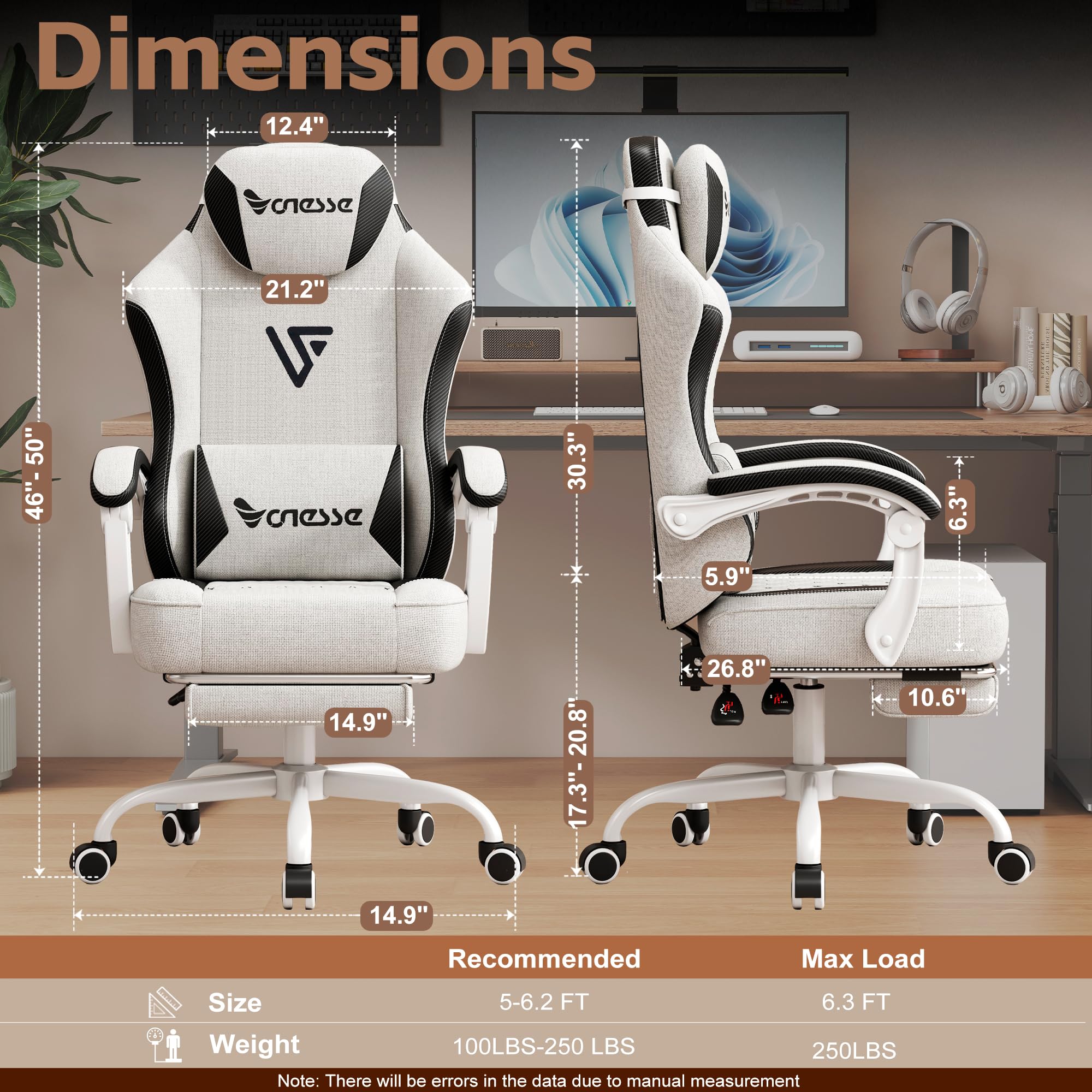 Fabric Reclining Gaming Chair with Footrest and Lumbar Support