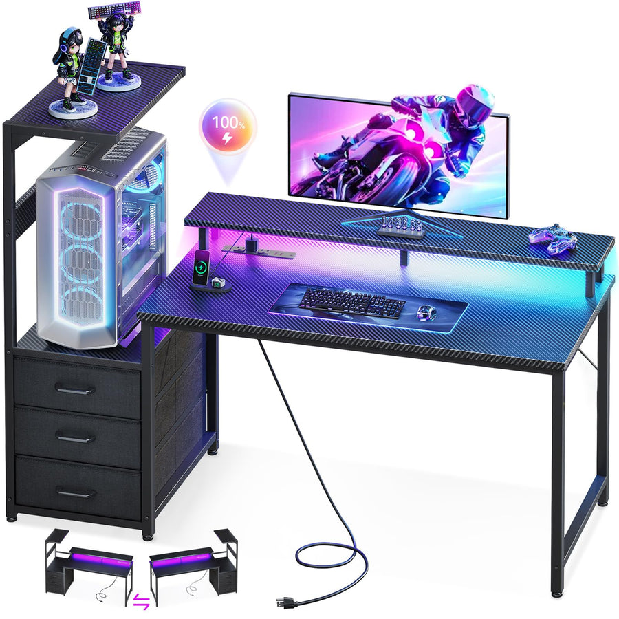 Casaottima H Shaped Gaming Desk with 3 Drawers and LED Lights