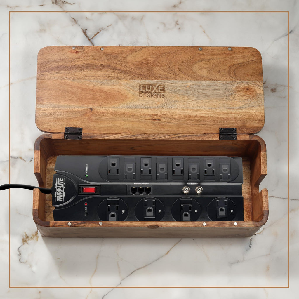 Wood Cable Management Box with Desk Wire Organizer
