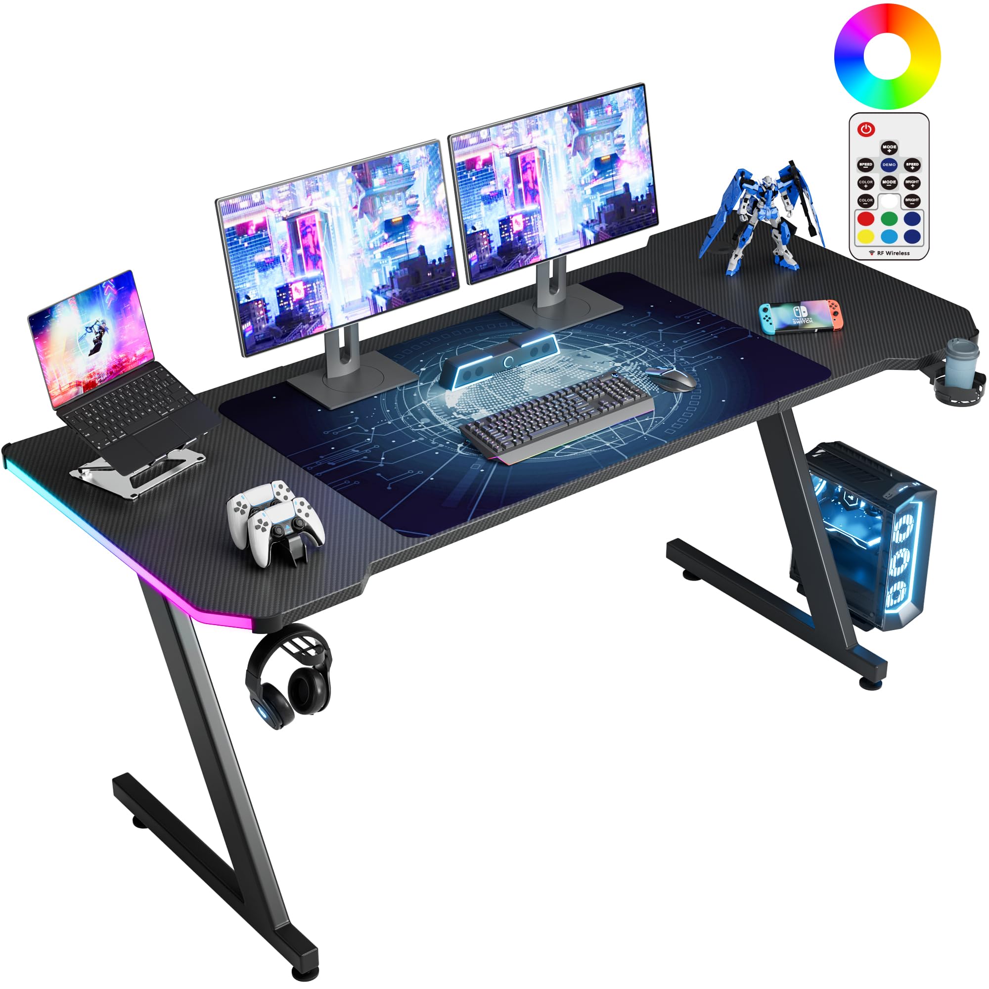 Carbon Fiber Gaming Desk with Cup Holder and Headphone Hook