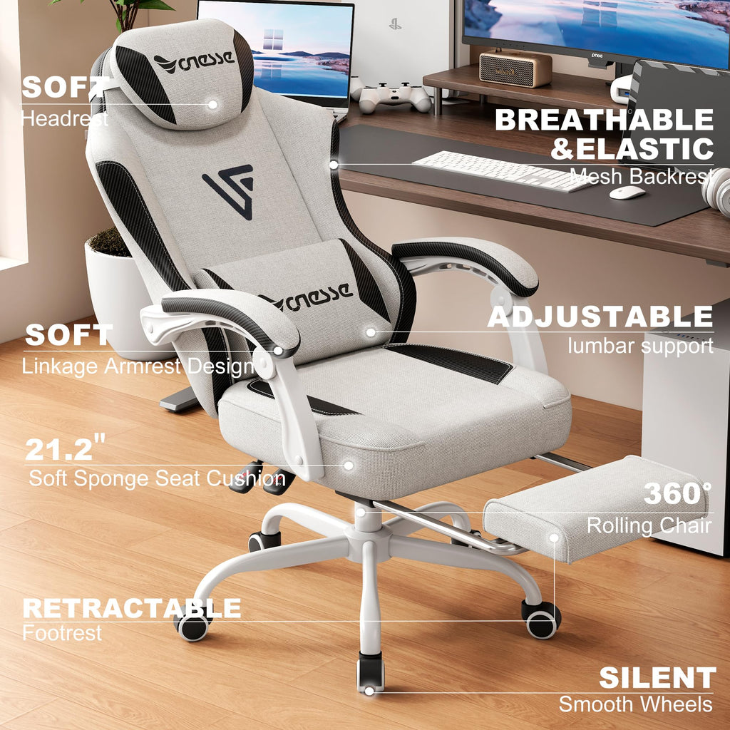 Fabric Reclining Gaming Chair with Footrest and Lumbar Support
