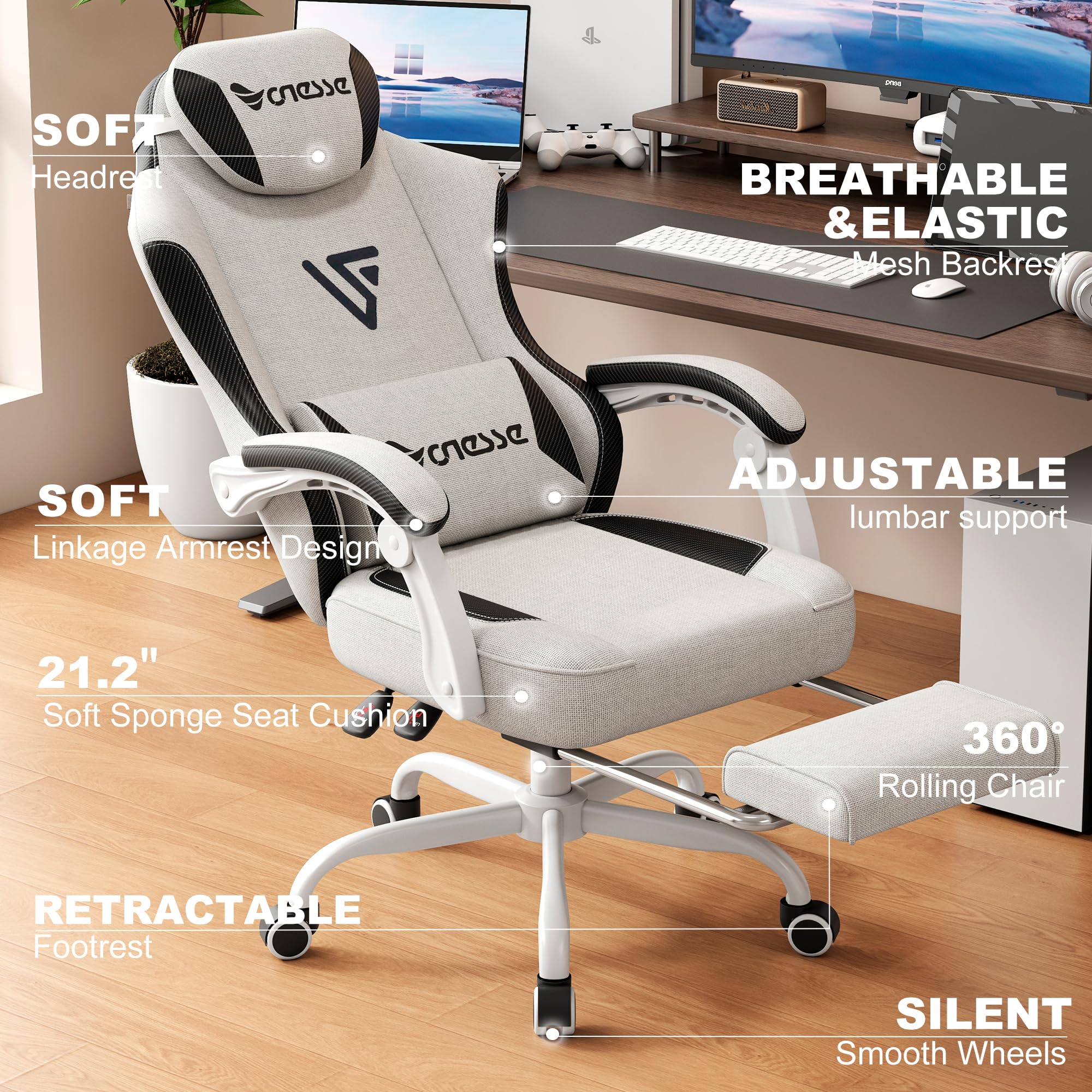 Fabric Reclining Gaming Chair with Footrest and Lumbar Support