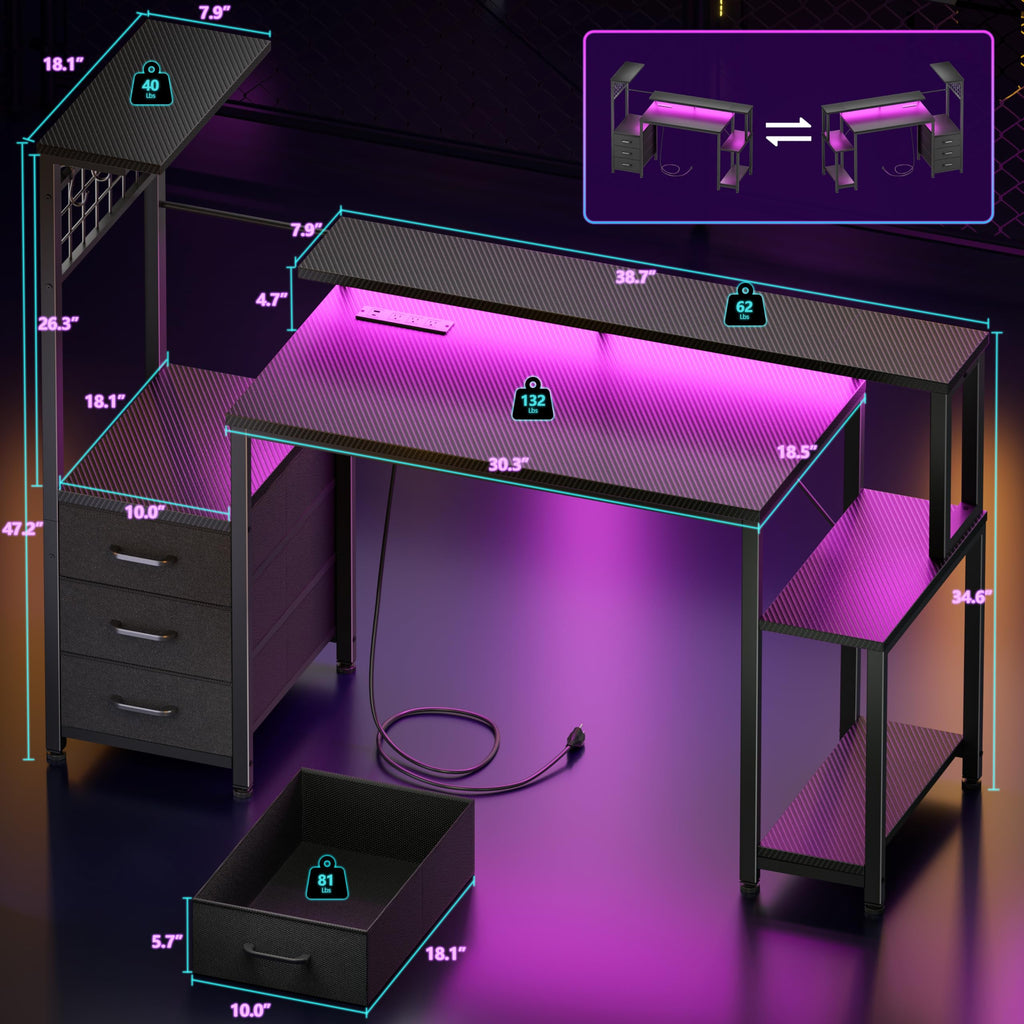 Korfile Gaming Desk with LED Lights & Power Outlet