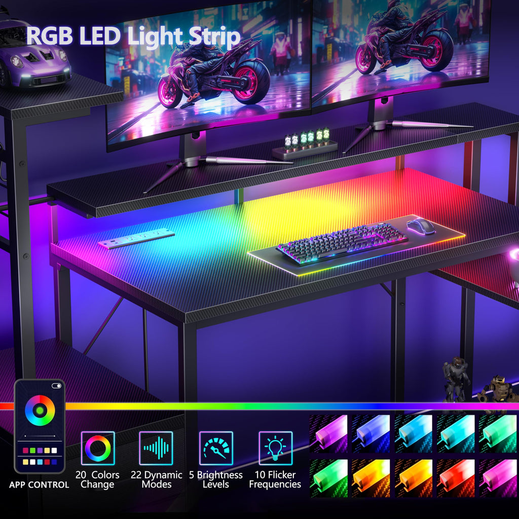 Korfile Gaming Desk with LED Lights & Power Outlet